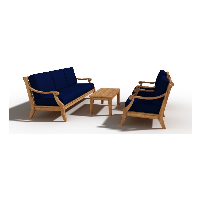 Pemberly Row Traditional 4-Piece Teak Outdoor Patio Deep Seating Set with Navy