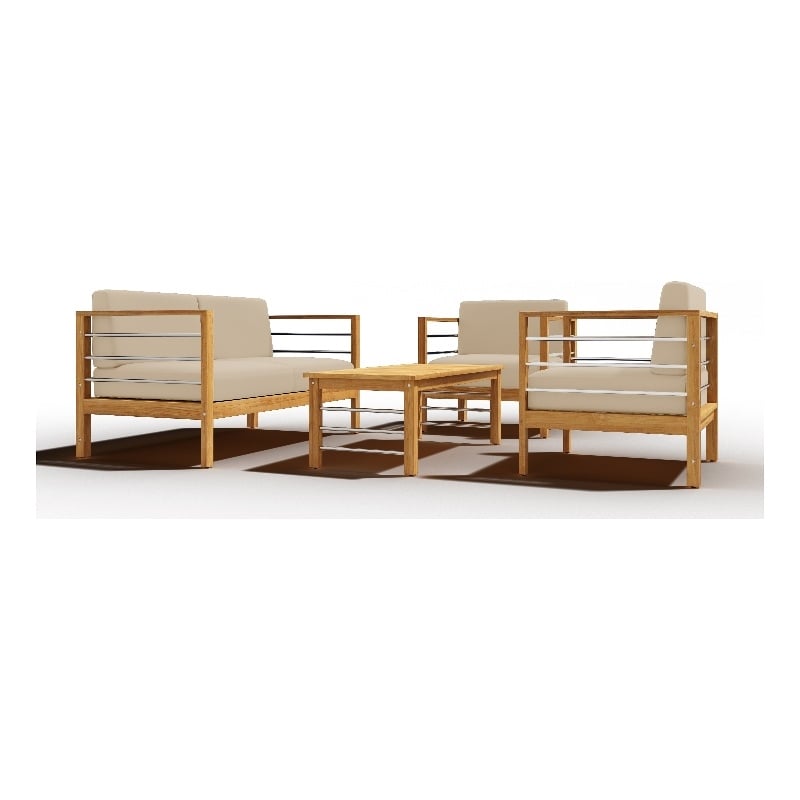Pemberly Row 4-Piece Teak Outdoor Patio Deep Seating Set w/ Fawn Cushions