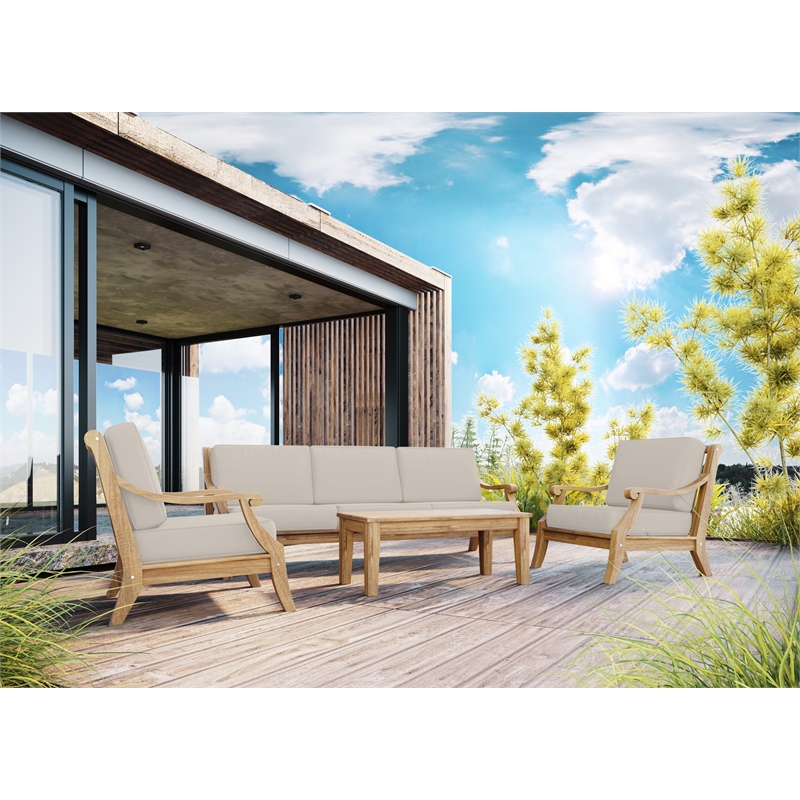 Pemberly Row Traditional 87.25-inch Teak Deep Seating Outdoor Sofa w/ Beige