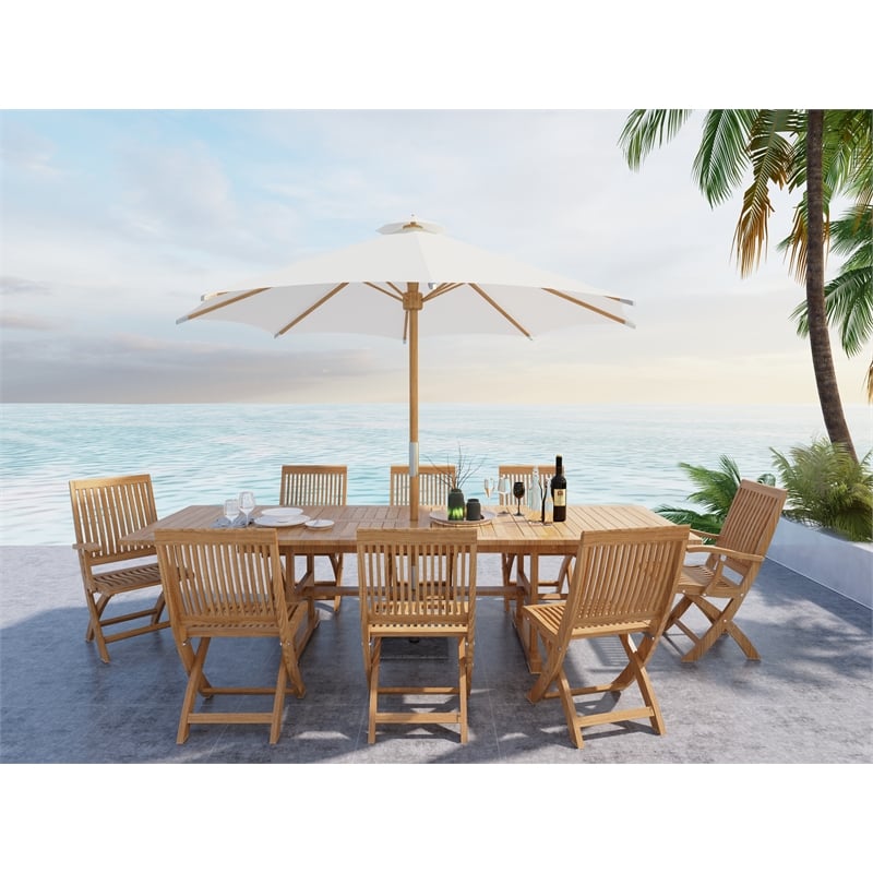 Pemberly Row 9-Piece Teak Outdoor Dining Set with Extendable in Natural