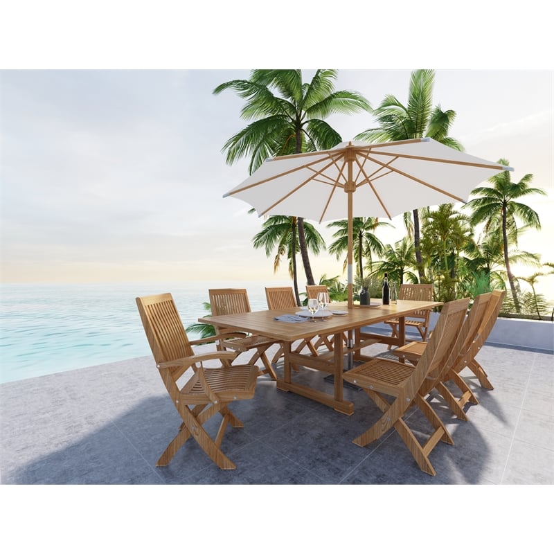 Pemberly Row 9-Piece Teak Outdoor Dining Set with Extendable in Natural
