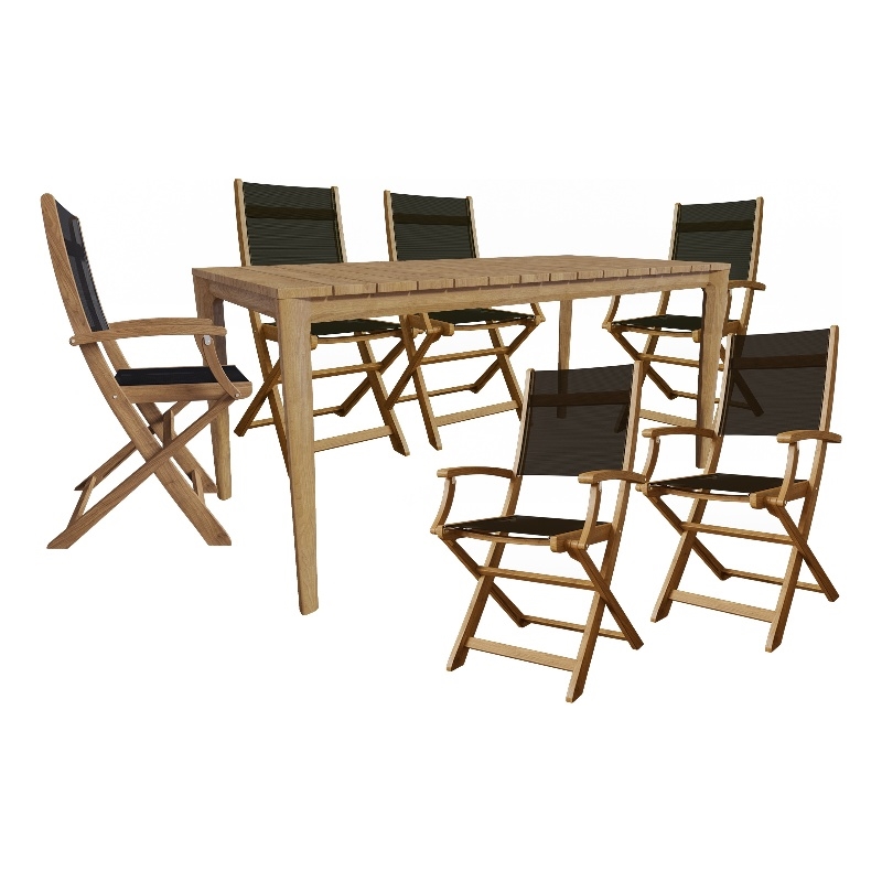Pemberly Row Traditional 7-Piece Rectangular Teak Outdoor Dining Set in Black