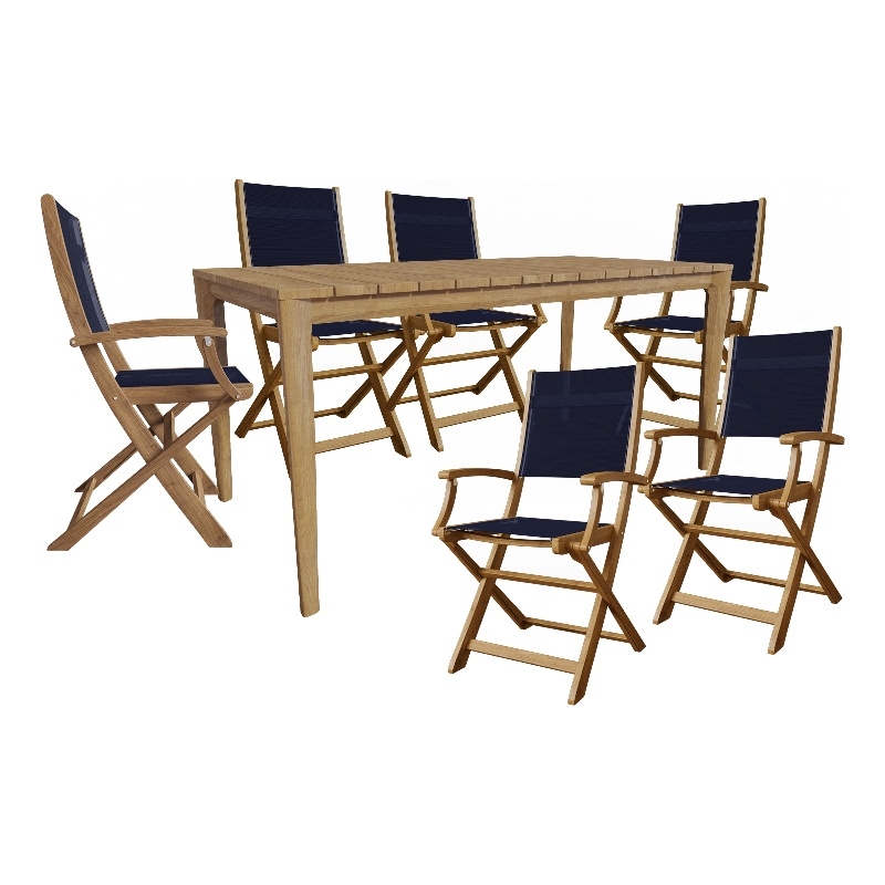 Pemberly Row Traditional 7-Piece Rectangular Teak Outdoor Dining Set in Blue