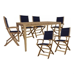 Pemberly Row Traditional 7-Piece Rectangular Teak Outdoor Dining Set in Blue