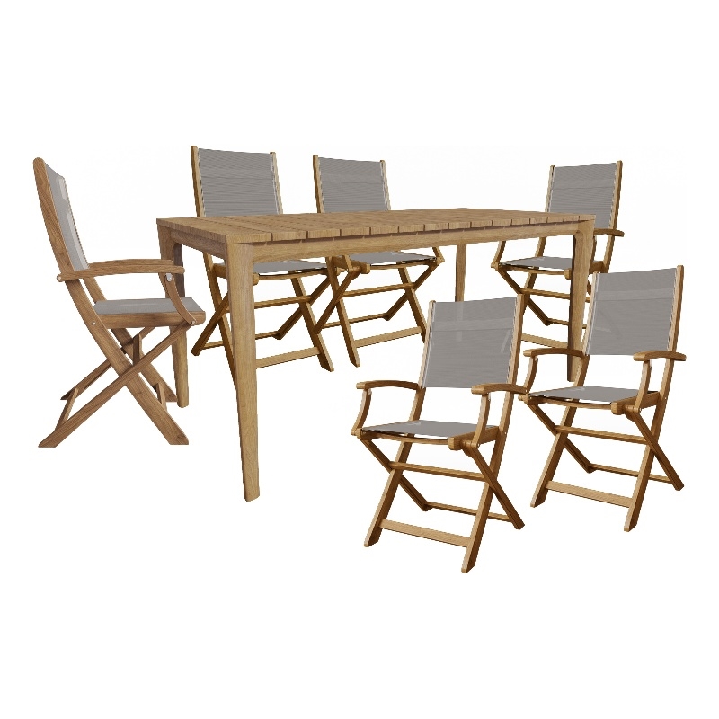 Pemberly Row Traditional 7-Piece Rectangular Teak Outdoor Dining Set in Taupe