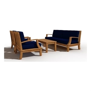 Pemberly Row Traditional 4-Piece Teak Outdoor Patio Deep Seating Set with Navy