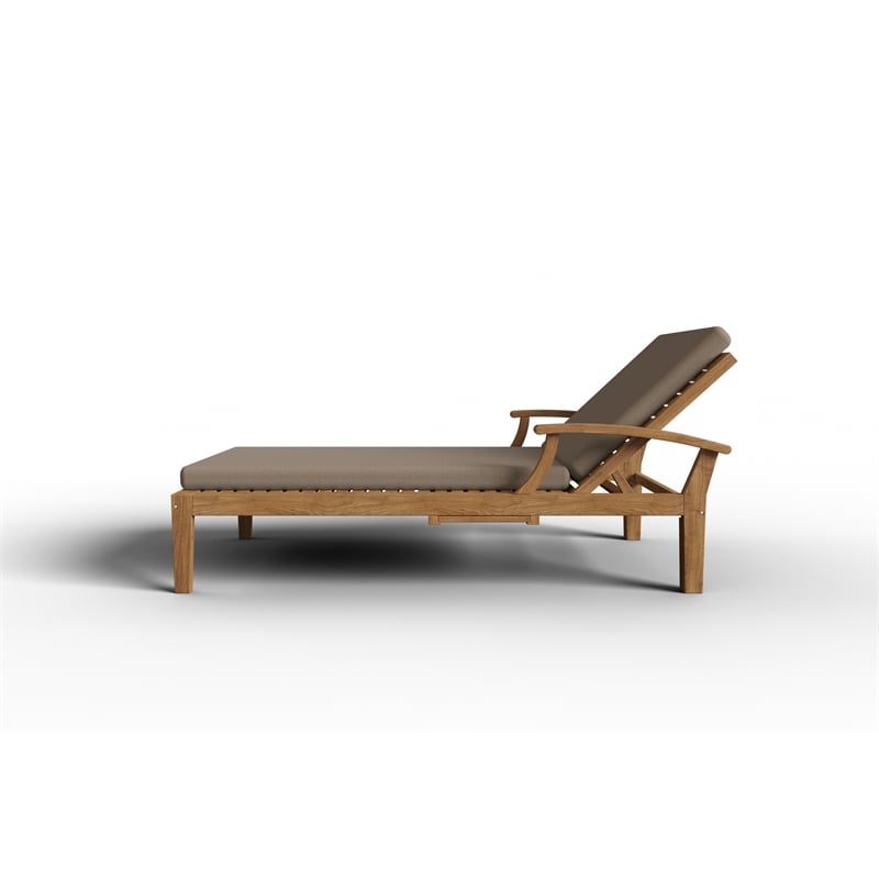 Pemberly Row Traditional Outdoor Teak Reclining Sunlounger with Cushion In Fawn