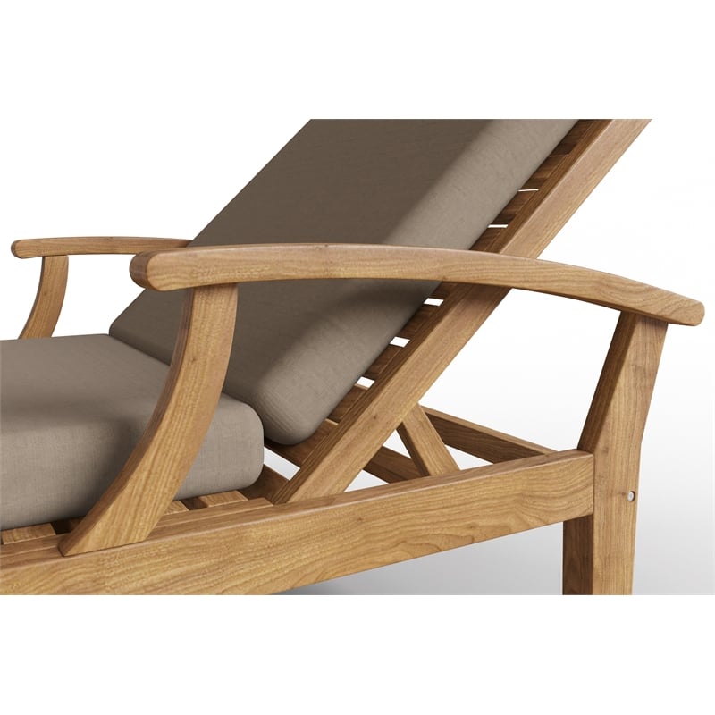 Pemberly Row Traditional Outdoor Teak Reclining Sunlounger with Cushion In Fawn