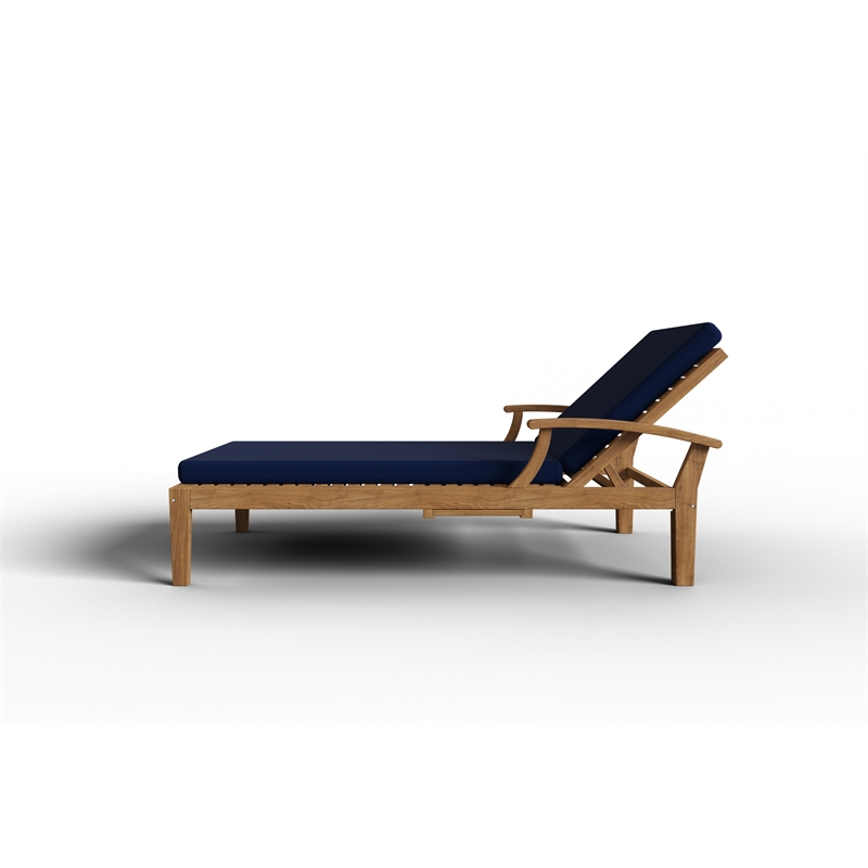 Pemberly Row Traditional Outdoor Teak Reclining Sunlounger with Cushion In Navy