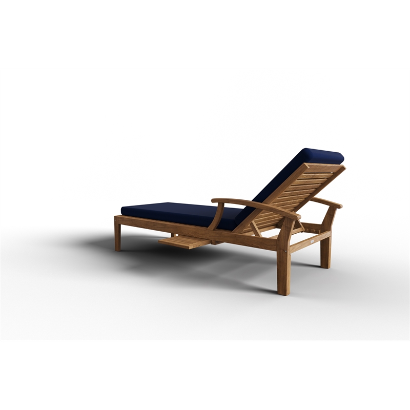 Pemberly Row Traditional Outdoor Teak Reclining Sunlounger with Cushion In Navy