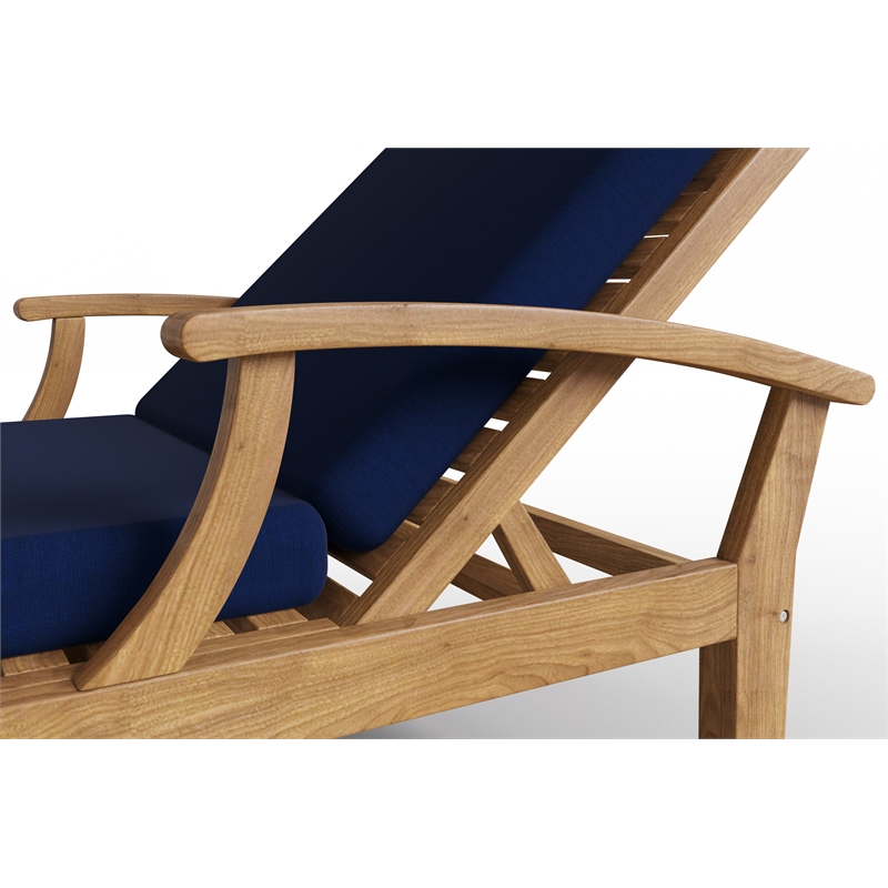 Pemberly Row Traditional Outdoor Teak Reclining Sunlounger with Cushion In Navy