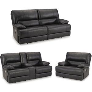 Pemberly Row 3-Piece Black Leather Reclining Set with Sofa, Loveseat, and Recliner