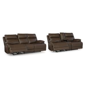 Pemberly Row Power Reclining Sofa & Loveseat Set in Brown Leather