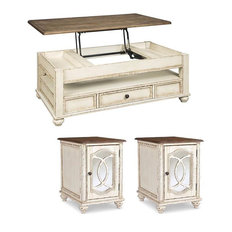 Pemberly Row 3-Piece Set of Mirrored End Tables & Lift-Top Coffee Table