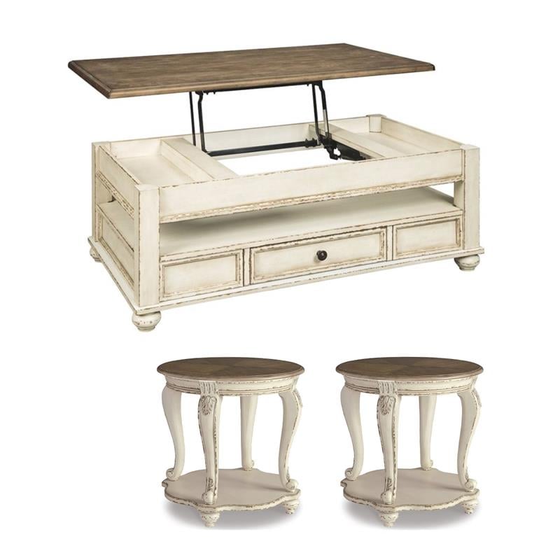 Pemberly Row 3-Piece Set of Coffee Table & End Tables in White & Brown