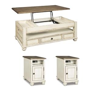 Pemberly Row Set of 2 End Tables & Coffee Table in Antique White & Brown