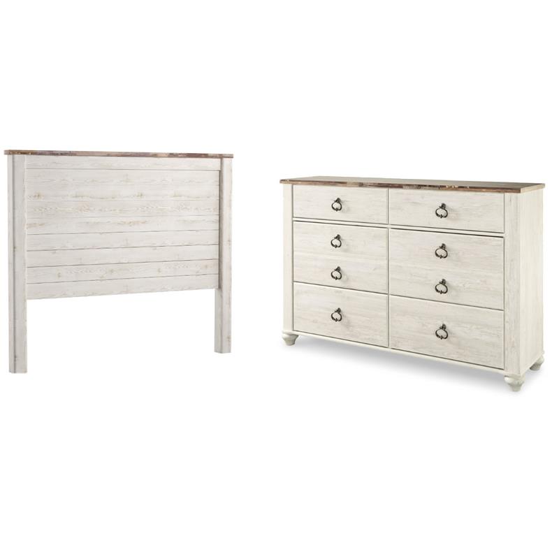 Pemberly Row 2-Piece Set of Whitewash Dresser & Queen Panel Headboard