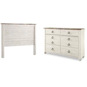 Pemberly Row 2-Piece Set of Whitewash Dresser & Queen Panel Headboard