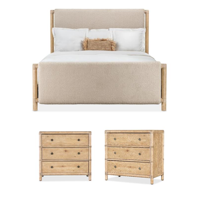 Pemberly Row Bedroom Set of 2 Nightstands & Queen Bed in Beige