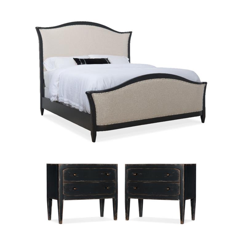 Pemberly Row Set of Queen Bed & 2 Nightstands in Distressed Black
