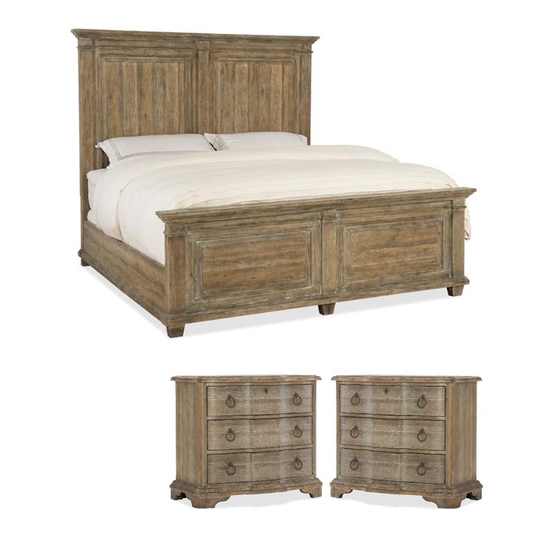 Pemberly Row Bedroom Set of Solid Wood King Panel Bed & 2 Nightstands