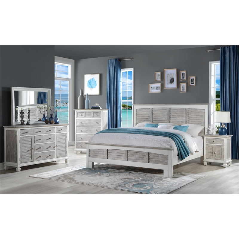Pemberly Row Contemporary Modern Coastal Wood King Bed in Gray/White