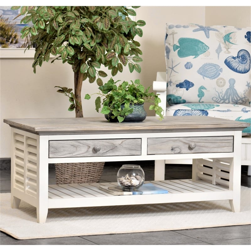 Pemberly Row Contemporary Wood Coffee Table with Drawers in Gray/White
