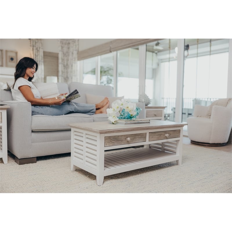 Pemberly Row Contemporary Wood Coffee Table with Drawers in Gray/White