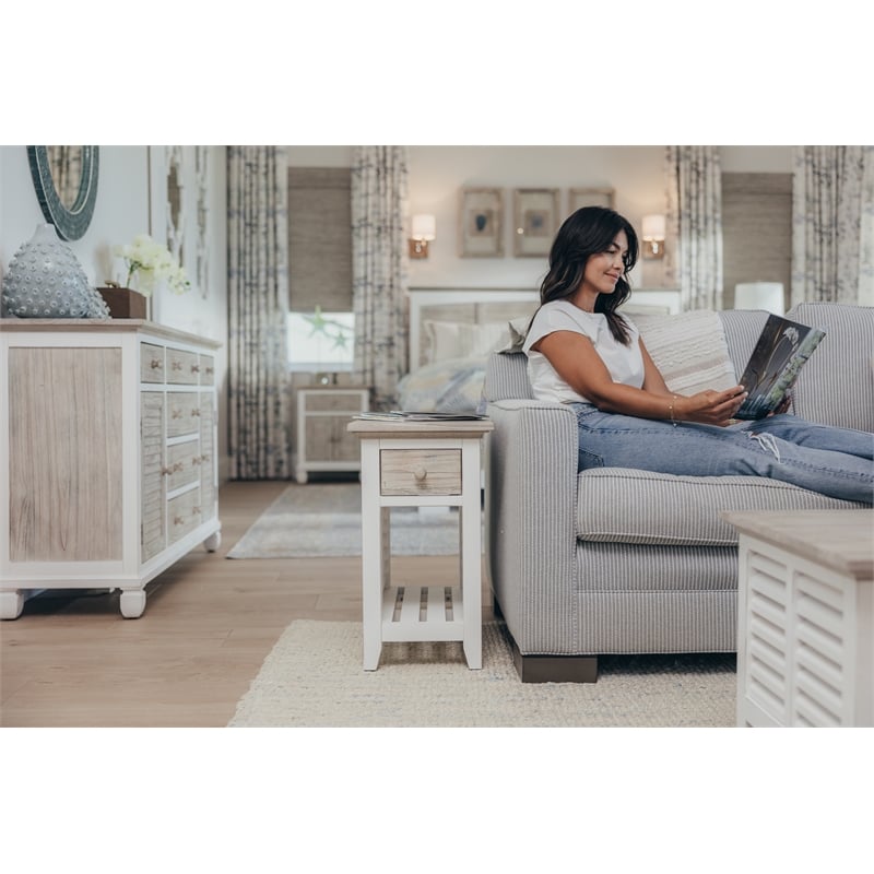 Pemberly Row Contemporary Wood Chairside Table with Drawer in Gray/White
