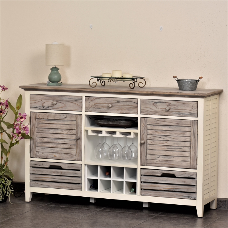 Pemberly Row Contemporary Wood Sideboard with Wine Rack in Gray/White