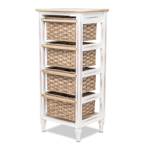 Pemberly Row Contemporary 4-Basket Wood Storage Cabinet in White/Brown