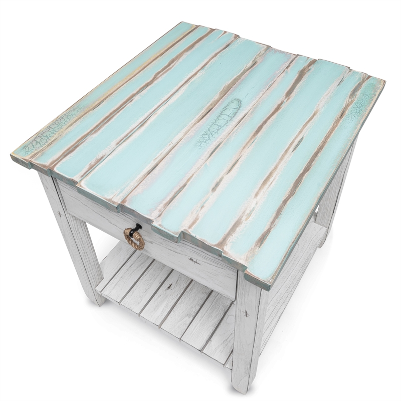 Pemberly Row Contemporary Wood End Table with Drawer in White/Blue