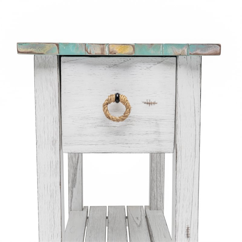 Pemberly Row Contemporary Wood Chairside Table with Drawer in White/Blue