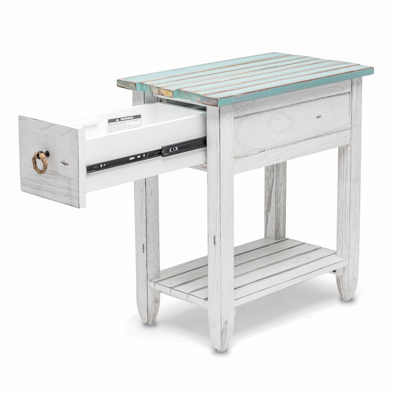 Pemberly Row Contemporary Wood Chairside Table with Drawer in White/Blue