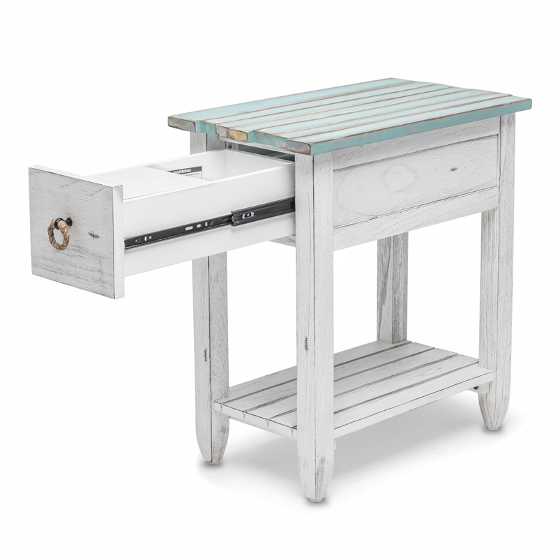 Pemberly Row Contemporary Wood Chairside Table with Drawer in White/Blue