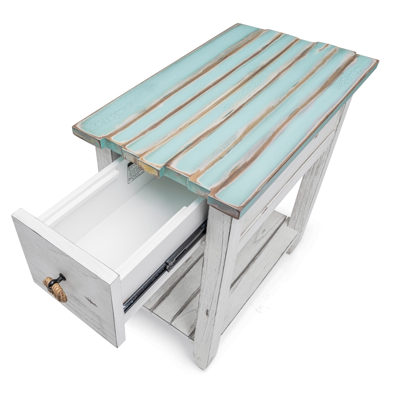 Pemberly Row Contemporary Wood Chairside Table with Drawer in White/Blue