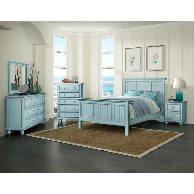 Pemberly Row Modern Coastal Wood Queen Size Panel Bed in Blue