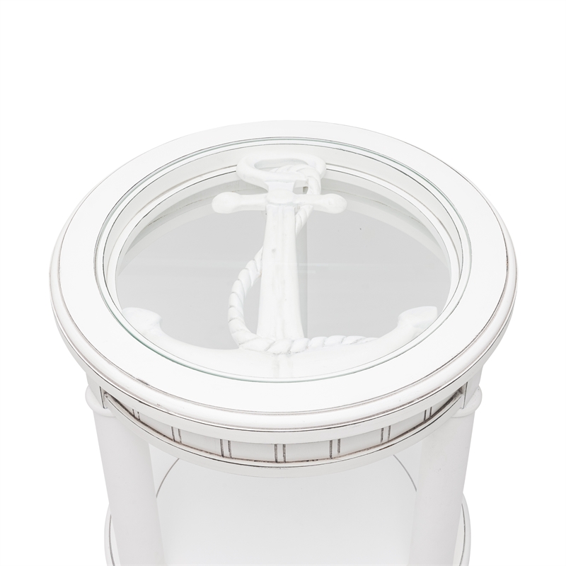 Pemberly Row Round Solid Wood End Table with Glass Top in White