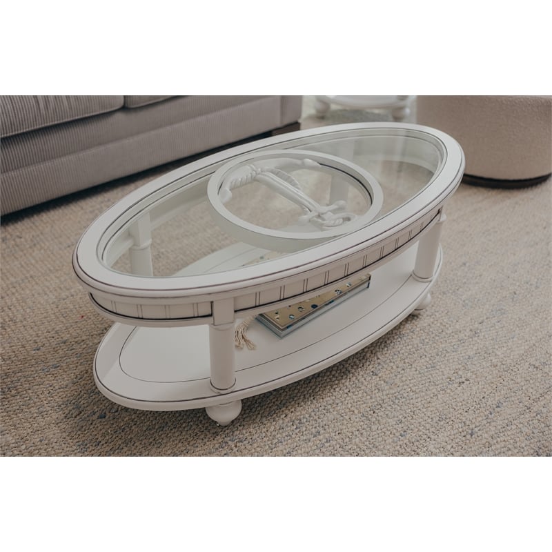 Pemberly Row Contemporary Oval Wood Coffee Table with Glass Top in White