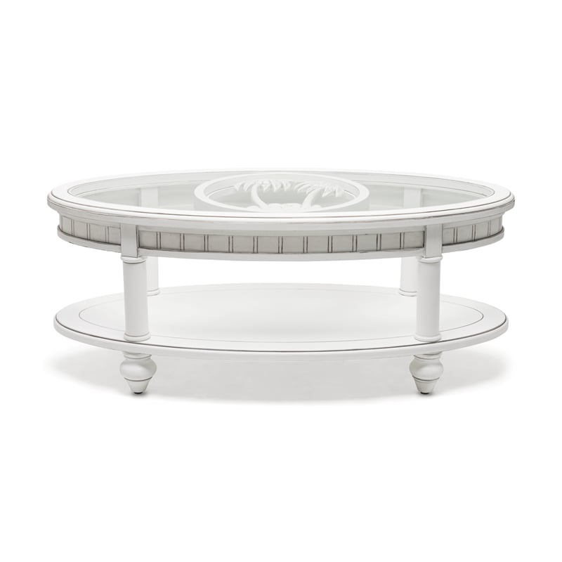 Pemberly Row Contemporary Oval Wood Coffee Table with Glass Top in White