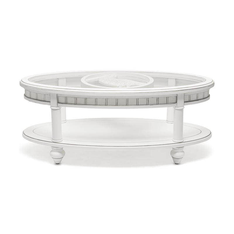 Pemberly Row Contemporary Oval Wood Coffee Table with Glass Top in White