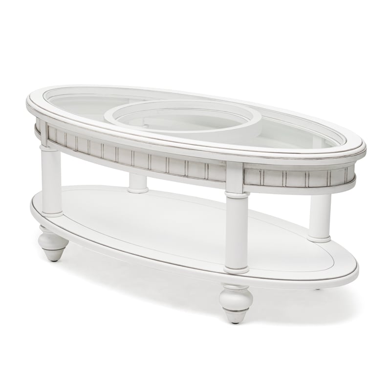 Pemberly Row Contemporary Oval Wood Coffee Table with Glass Top in White