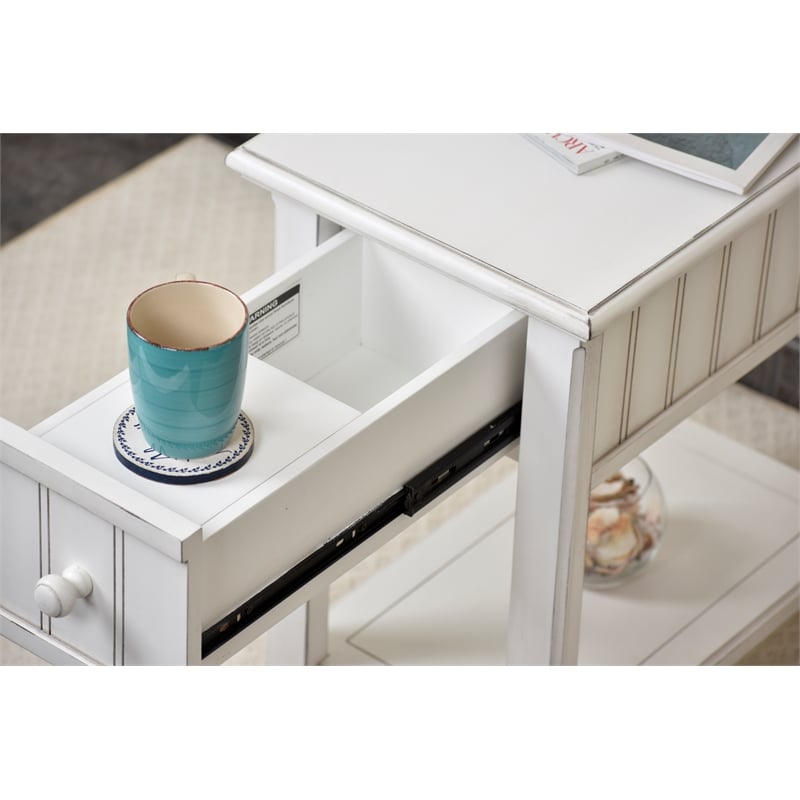 Pemberly Row Contemporary Wood Chairside Table with Lower Shelf in White