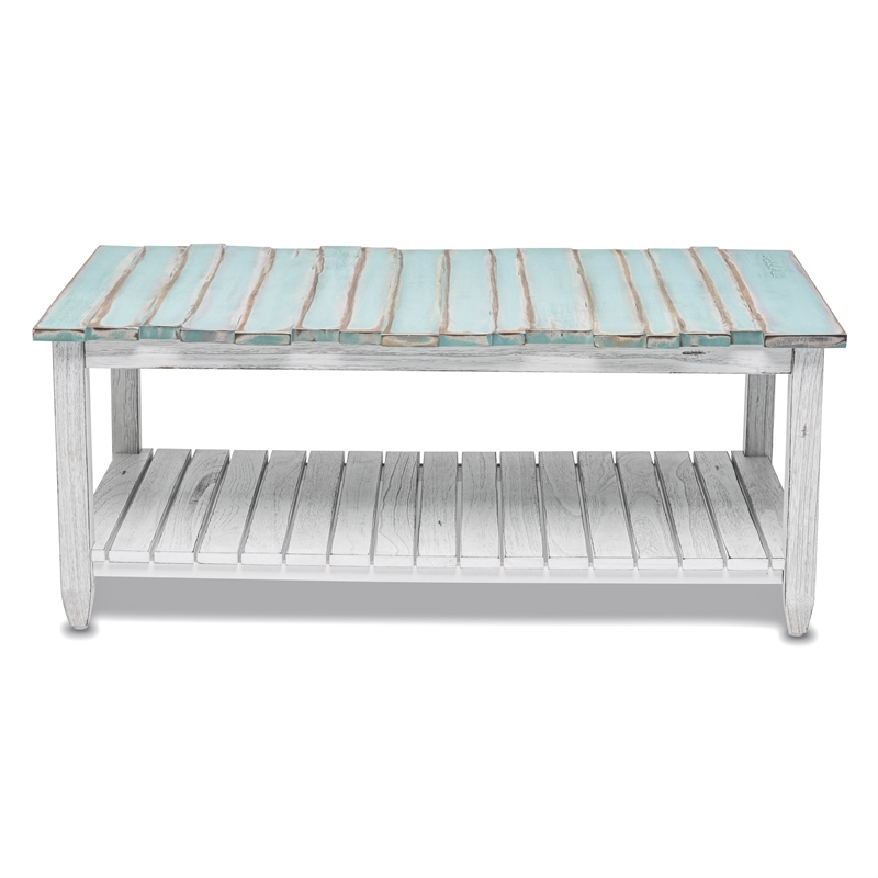 Pemberly Row Contemporary Solid Wood Coffee Table in White/Blue