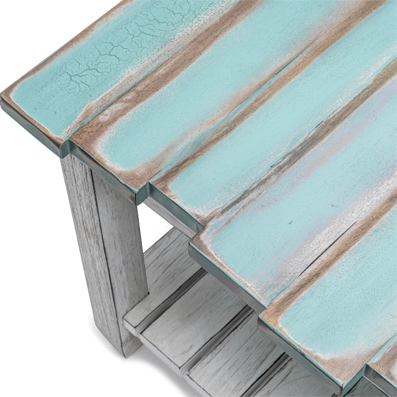 Pemberly Row Contemporary Solid Wood Coffee Table in White/Blue