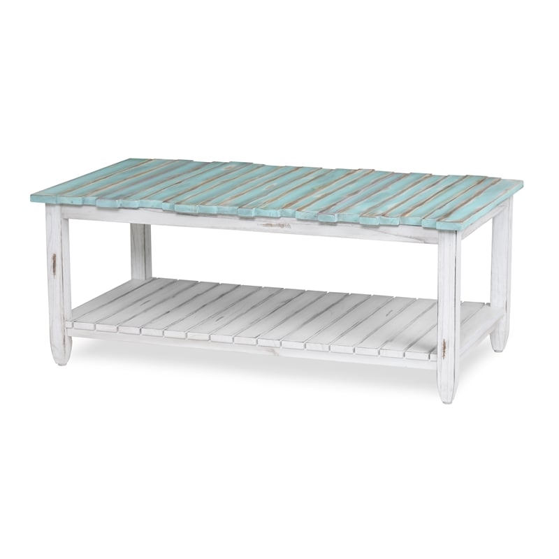 Pemberly Row Contemporary Solid Wood Coffee Table in White/Blue