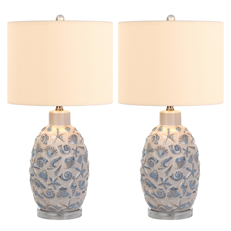 Pemberly Row Sea Shell Coastal White and Blue Table Lamps(Set of 2) 3-Way Switch