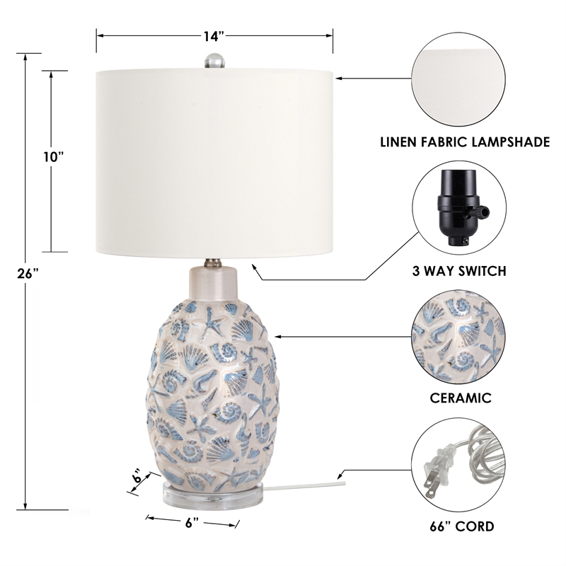 Pemberly Row Sea Shell Coastal White and Blue Table Lamps(Set of 2) 3-Way Switch