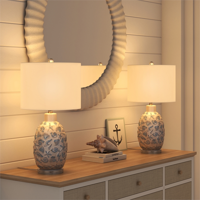 Pemberly Row Sea Shell Coastal White and Blue Table Lamps(Set of 2) 3-Way Switch