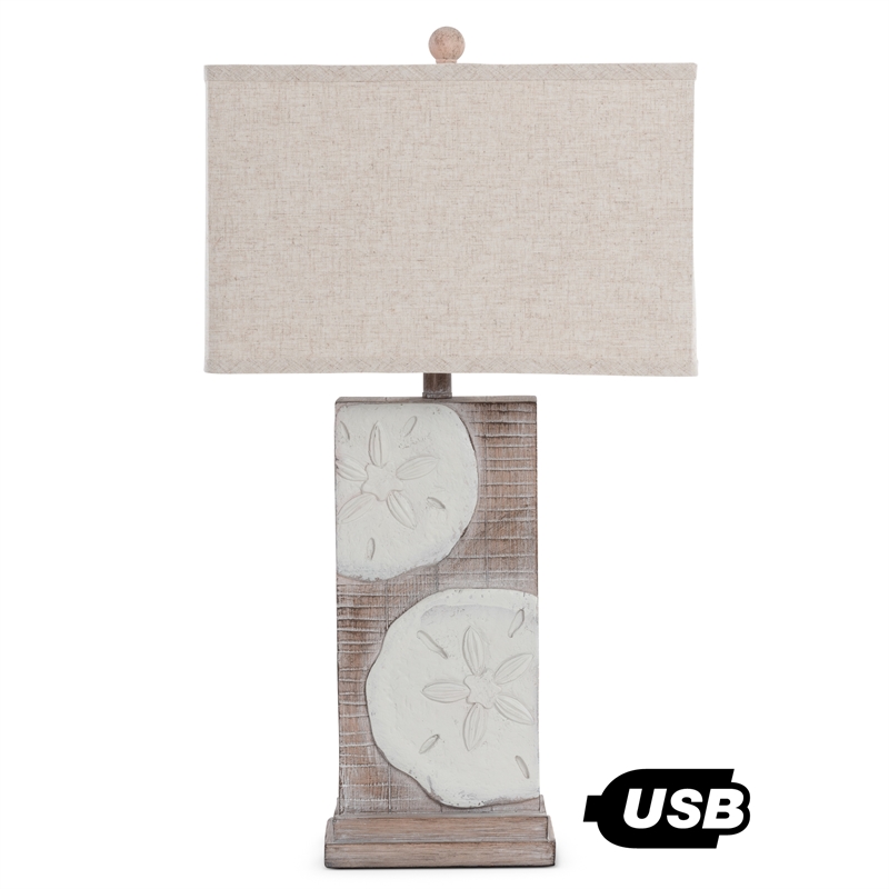 Pemberly Row Coastal Sandollar Table Lamps USB port (Set of 2) 3-Way Switch